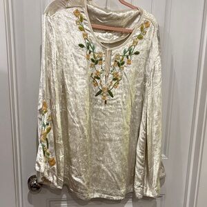 Free People Cream Blouse with Floral Embroidery
